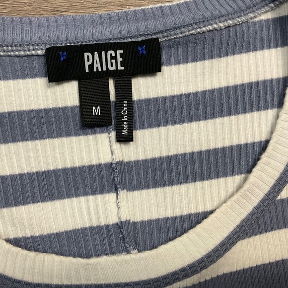 PAIGE Senne Tee Womens Medium Blue Ivory Striped Ribbed Lettuce Hem Top Preppy - Picture 4 of 9